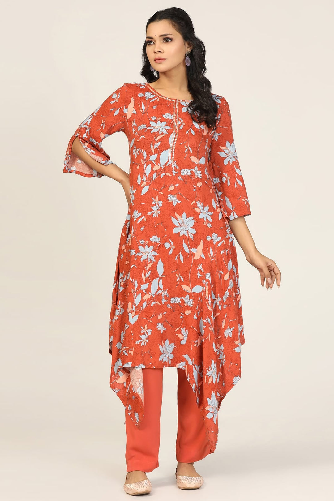 Orange Print Rayon Kurti