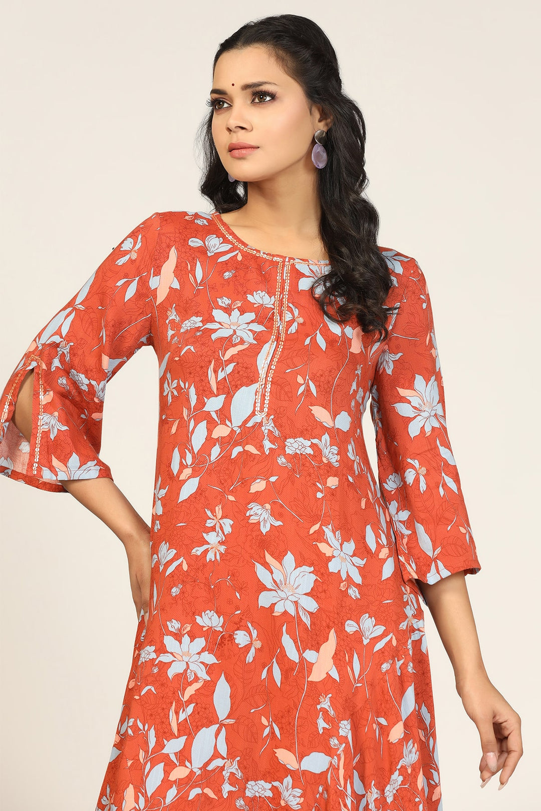 Orange Print Rayon Kurti