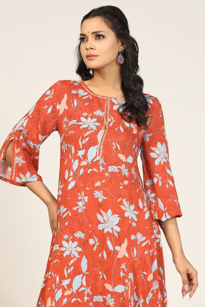 Orange Print Rayon Kurti