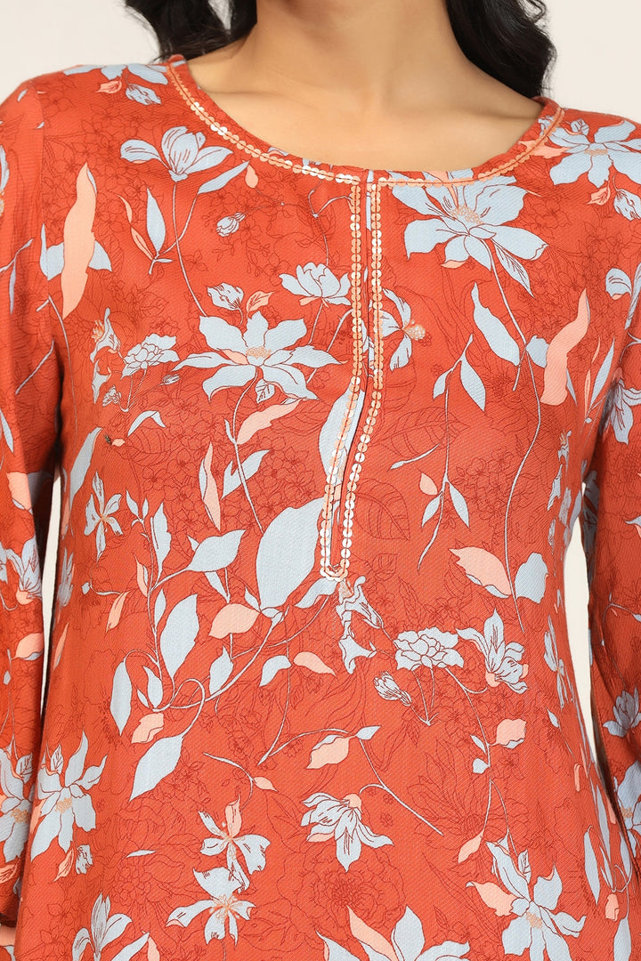 Orange Print Rayon Kurti