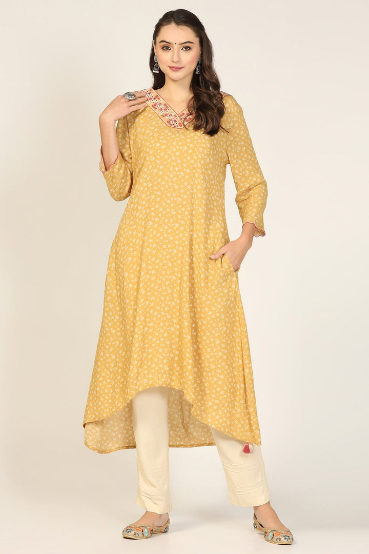 Mustard Embroidered Rayon Crepe Kurti