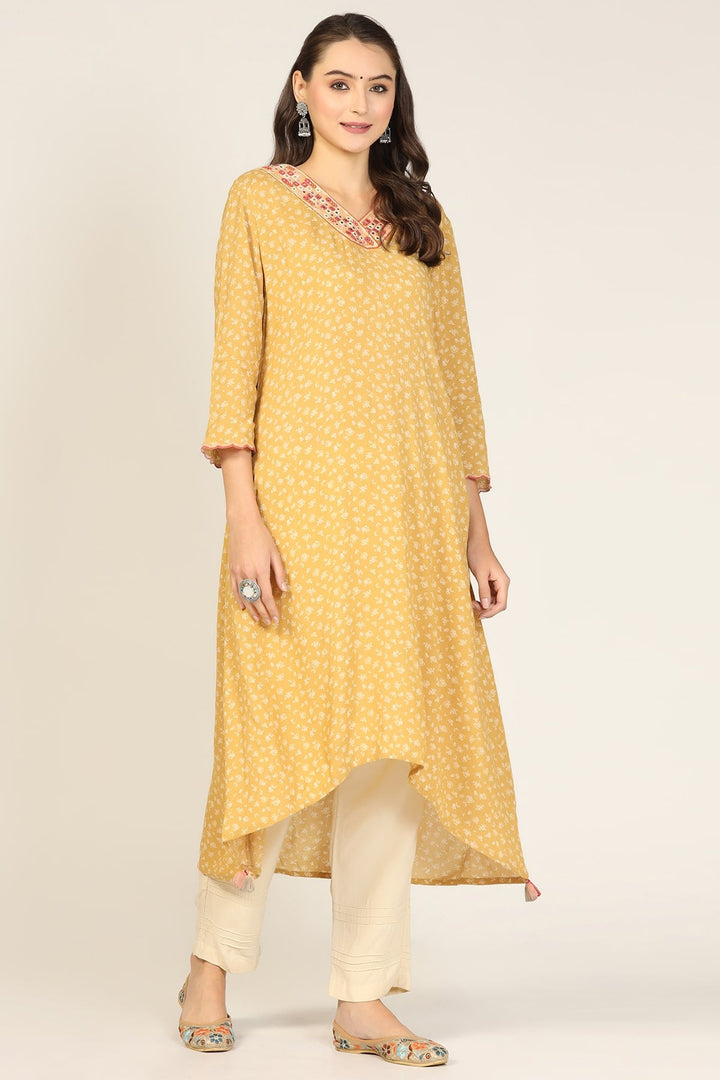 Mustard Embroidered Rayon Crepe Kurti