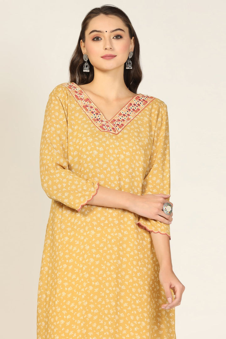 Mustard Embroidered Rayon Crepe Kurti