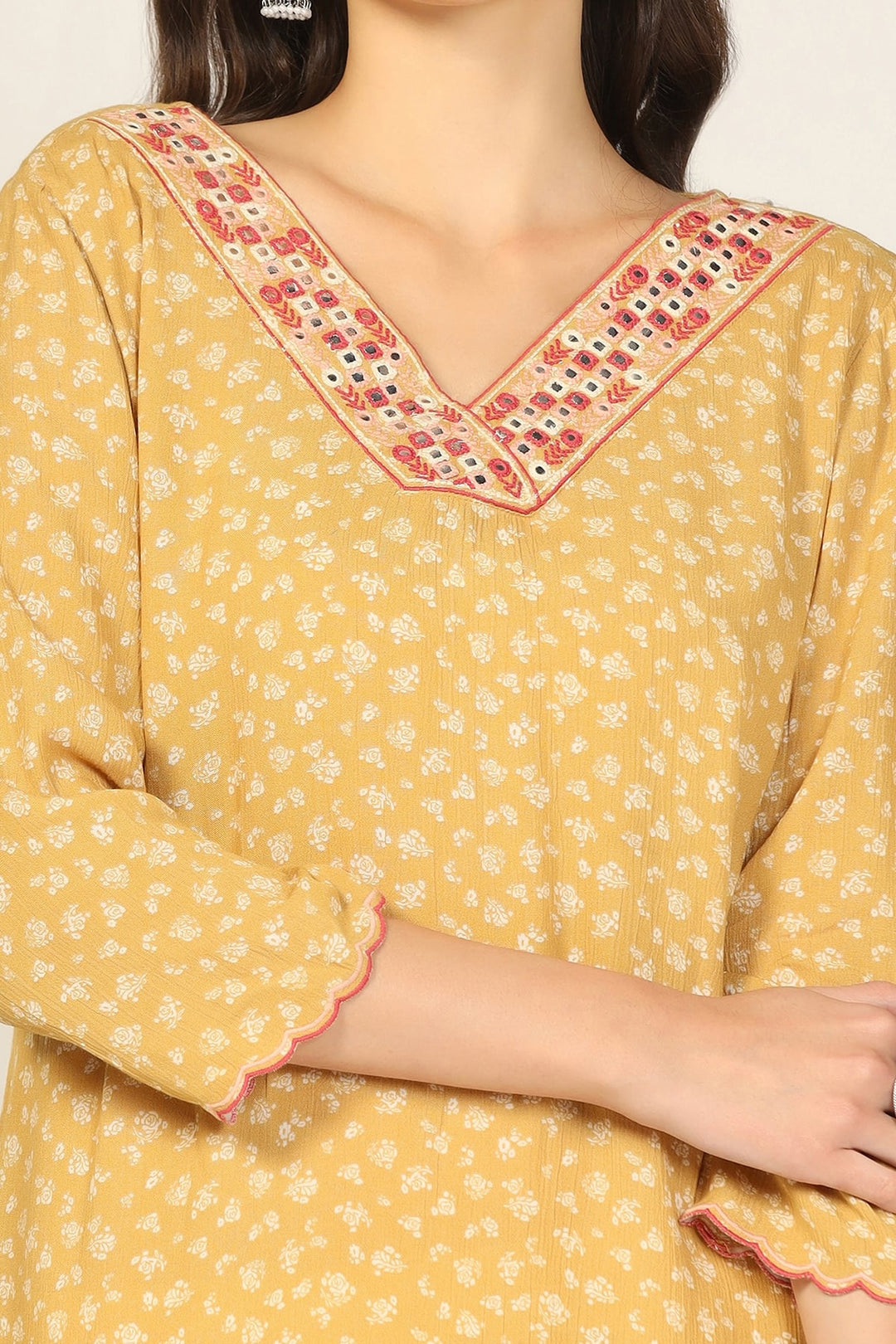 Mustard Embroidered Rayon Crepe Kurti
