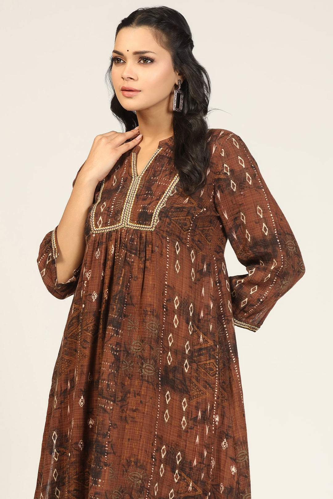 Brown Embroidered Dobby Cotton Mandarin kurti