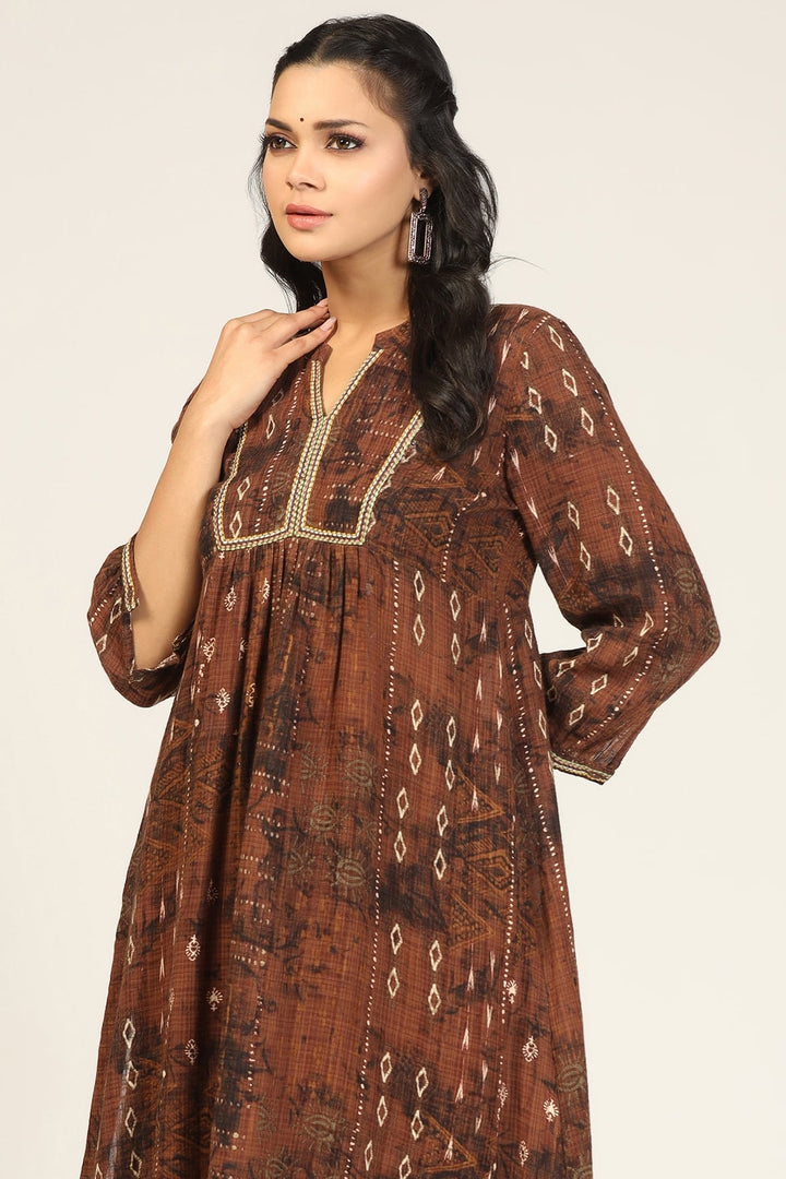 Brown Embroidered Dobby Cotton Mandarin kurti