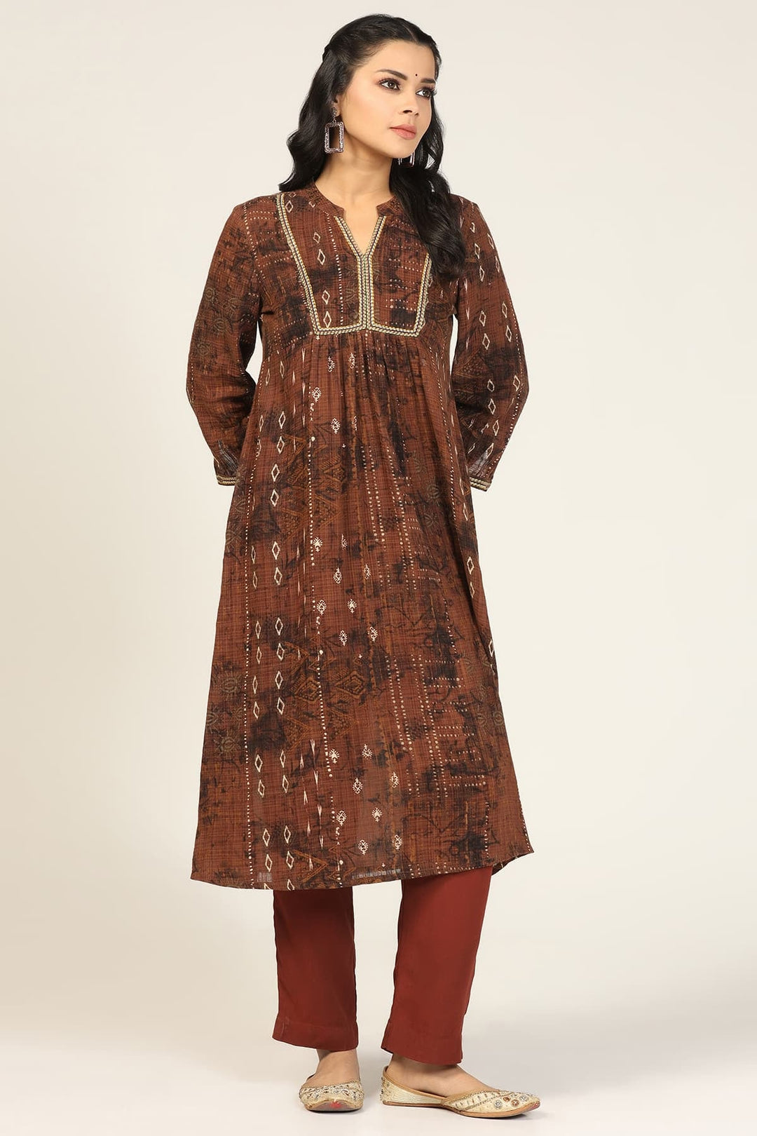 Brown Embroidered Dobby Cotton Mandarin kurti