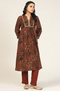 Brown Embroidered Dobby Cotton Mandarin kurti