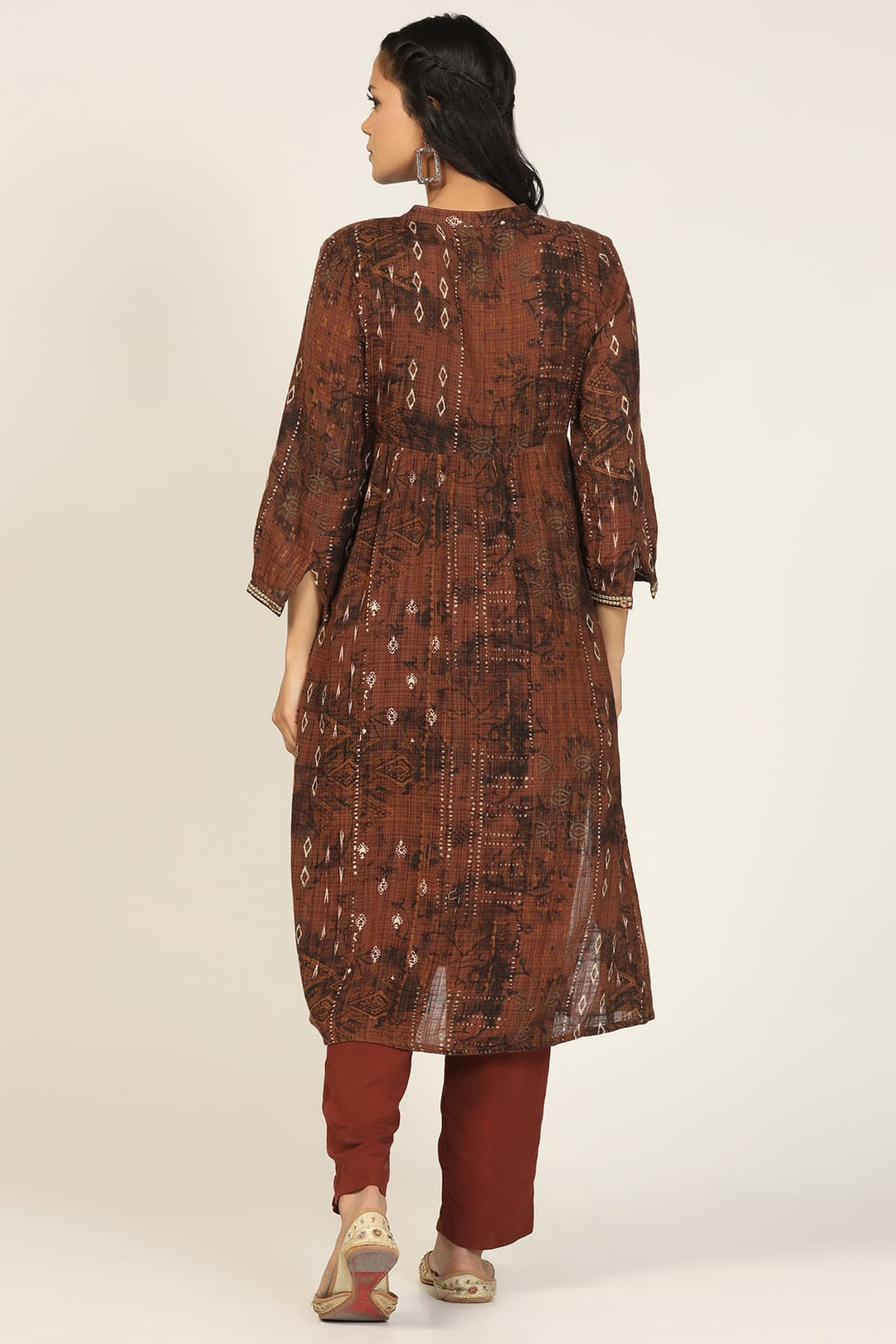 Brown Embroidered Dobby Cotton Mandarin kurti