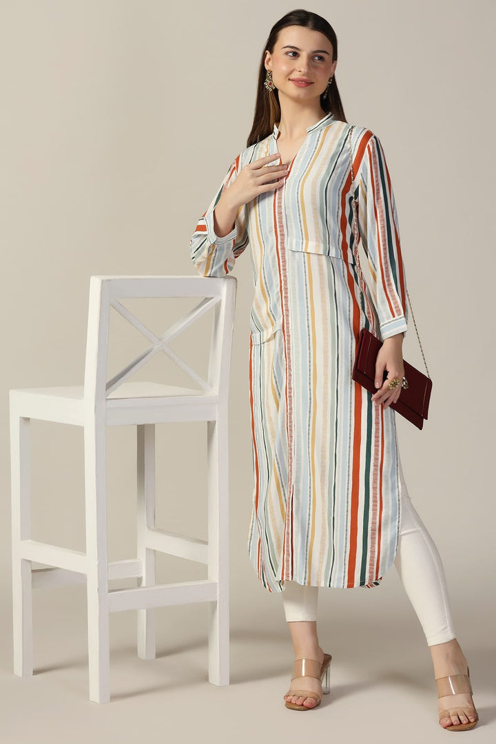 Light Grey Rayon Striped Mandarin Kurti