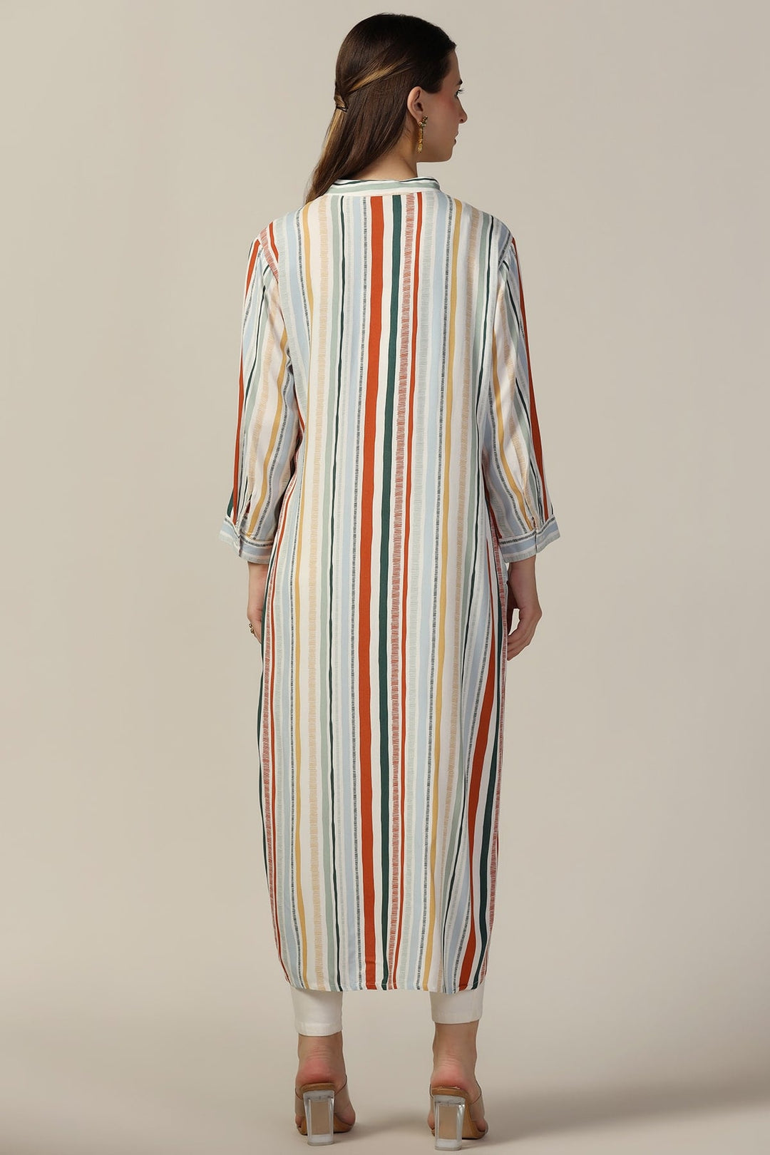 Light Grey Rayon Striped Mandarin Kurti