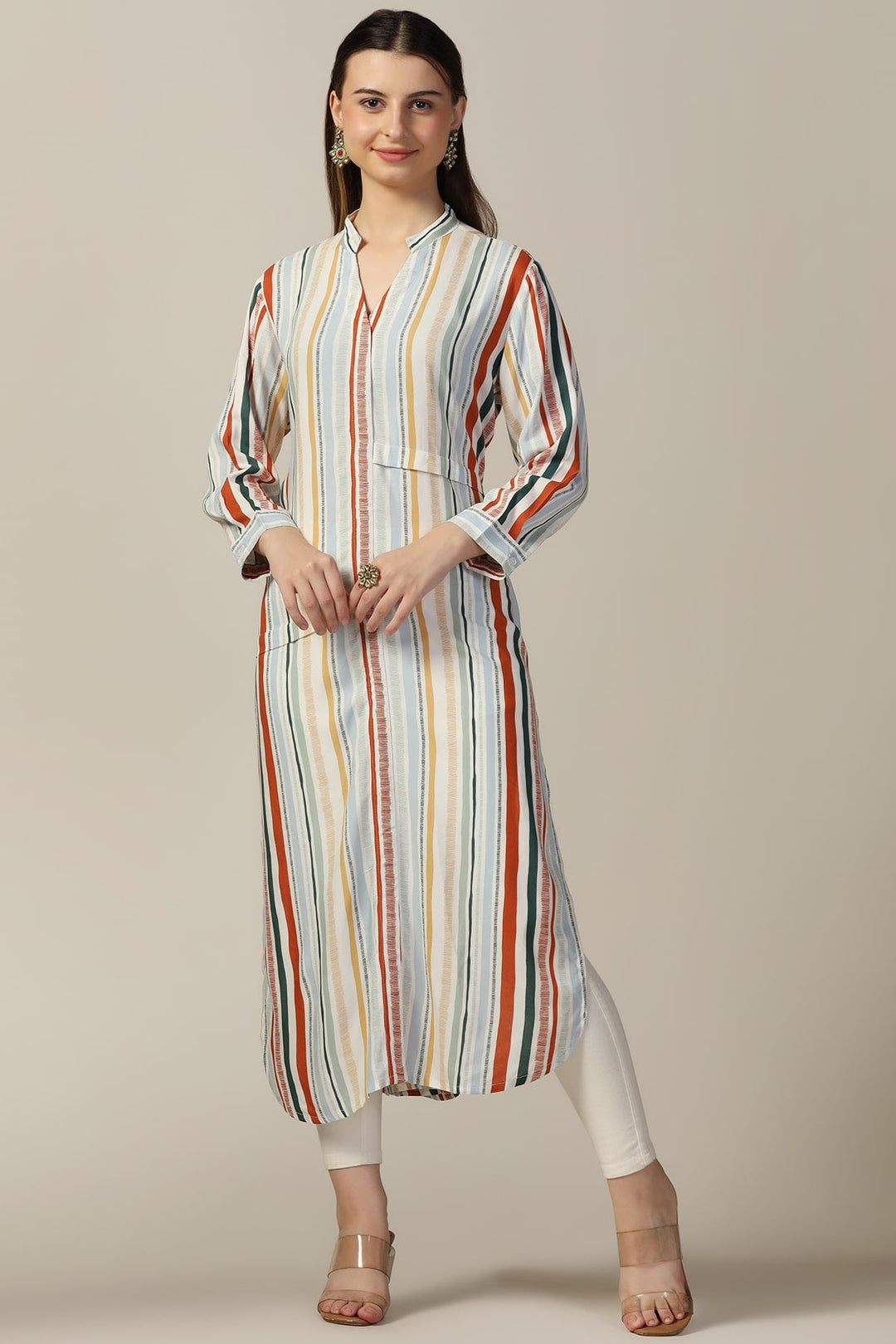 Light Grey Rayon Striped Mandarin Kurti