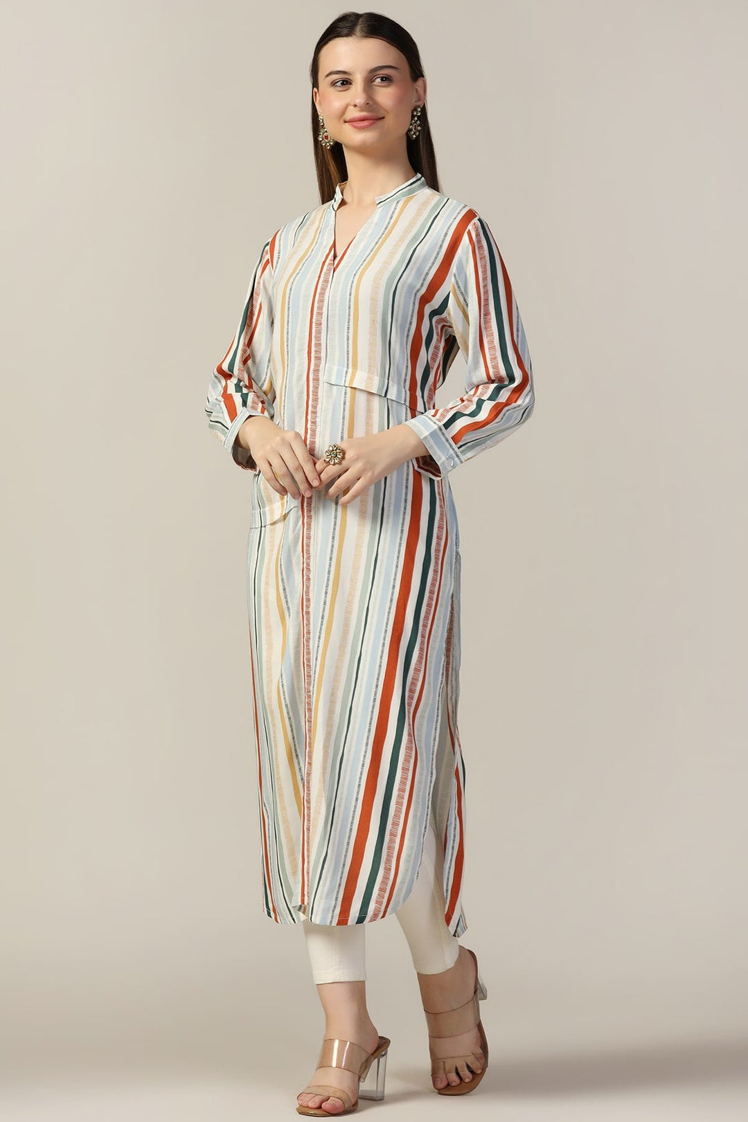 Light Grey Rayon Striped Mandarin Kurti