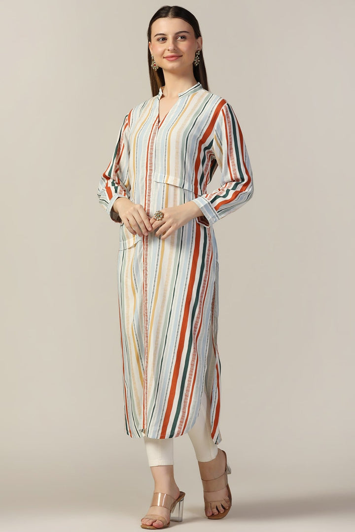 Light Grey Rayon Striped Mandarin Kurti