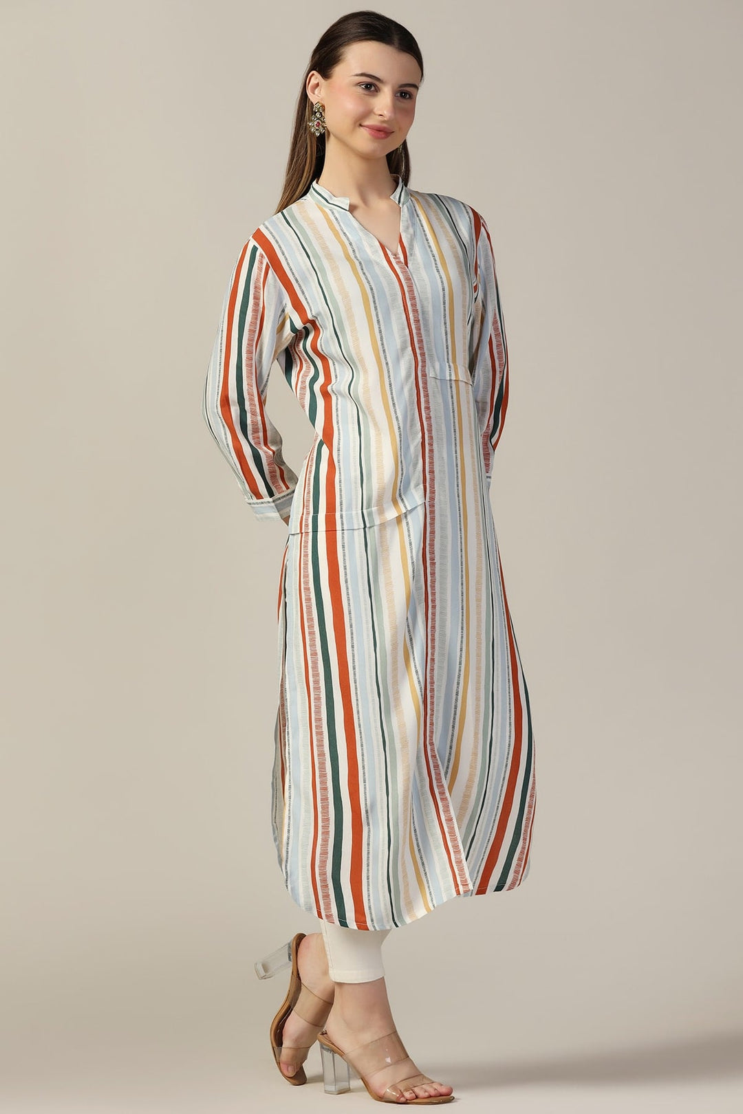 Light Grey Rayon Striped Mandarin Kurti