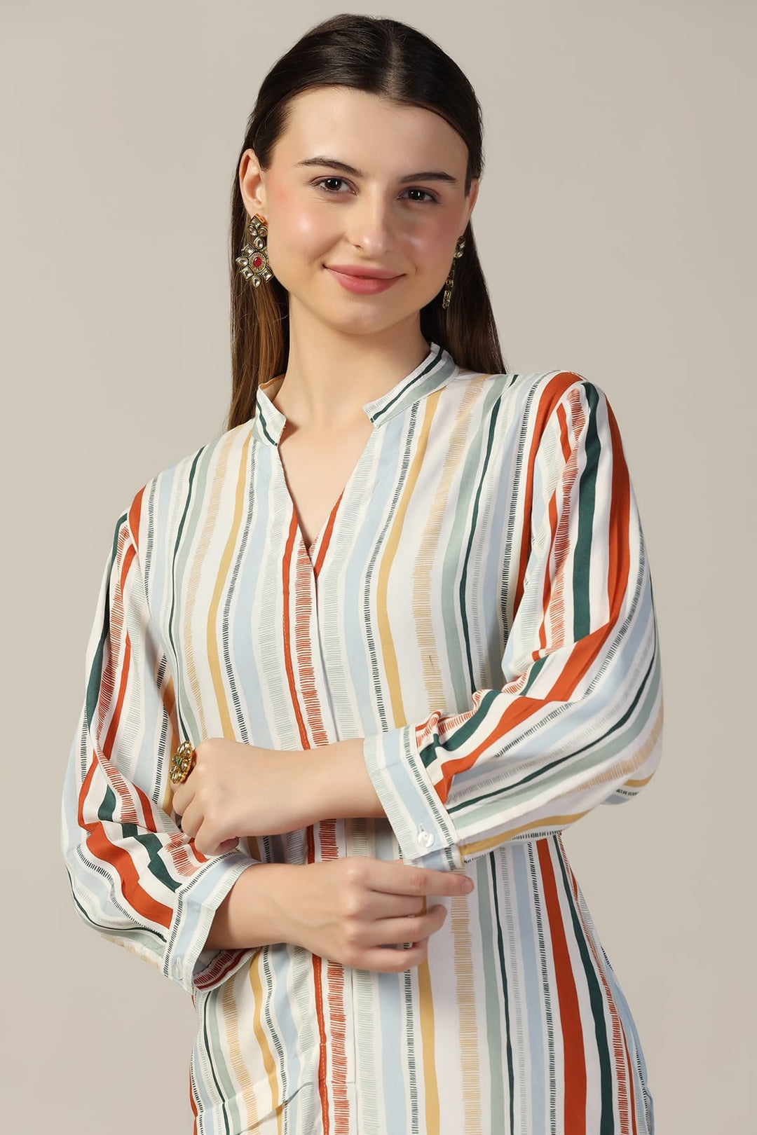 Light Grey Rayon Striped Mandarin Kurti