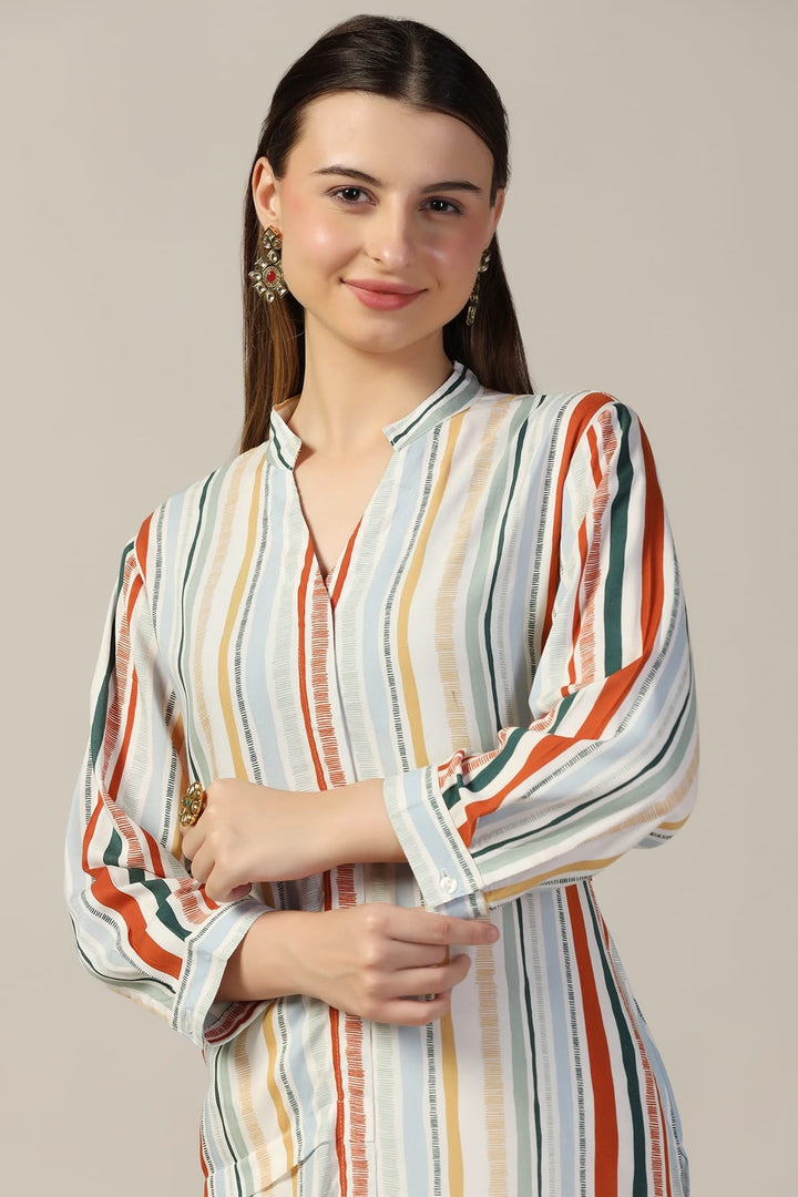Light Grey Rayon Striped Mandarin Kurti