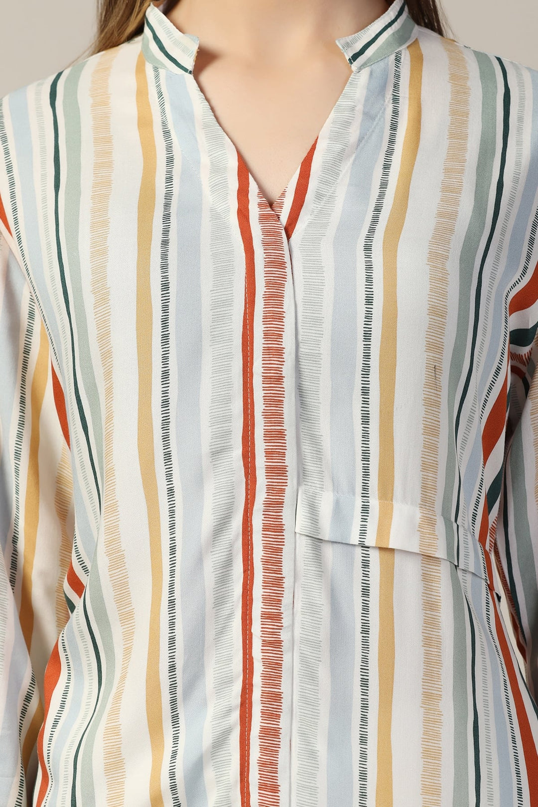 Light Grey Rayon Striped Mandarin Kurti