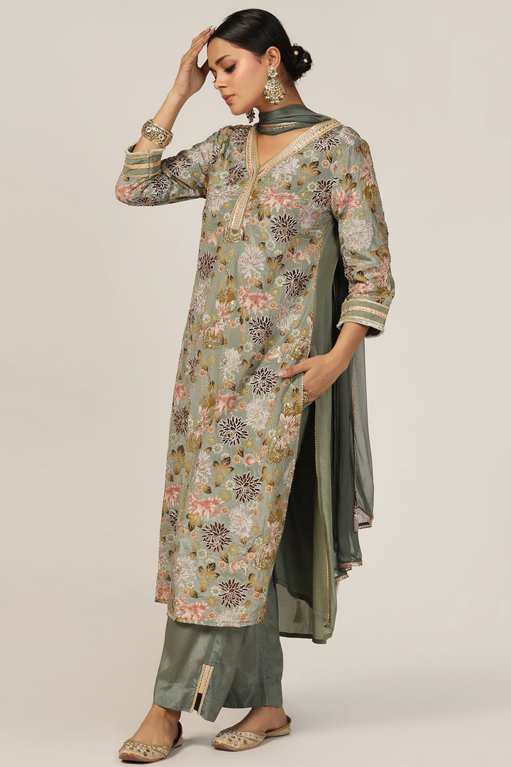 Sage Green Embroidered Crepe Ensemble Kurti