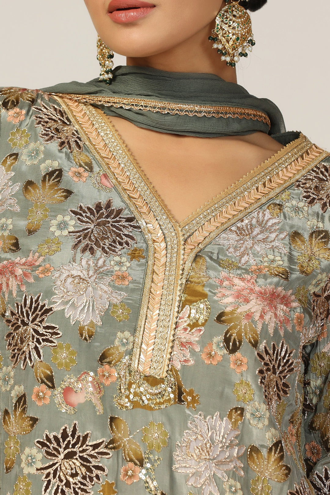 Sage Green Embroidered Crepe Ensemble Kurti