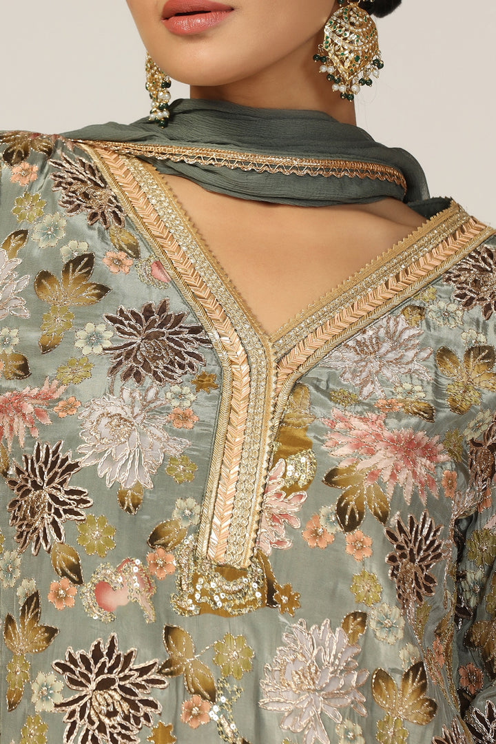 Sage Green Embroidered Crepe Ensemble Kurti