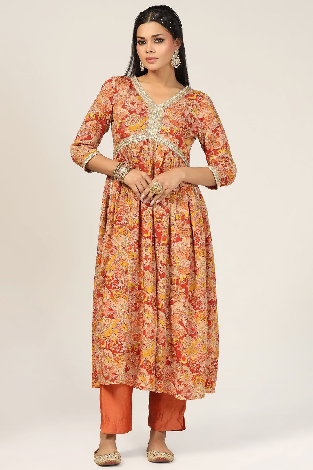 Rust Chiffon Embroidered Flared Kurti