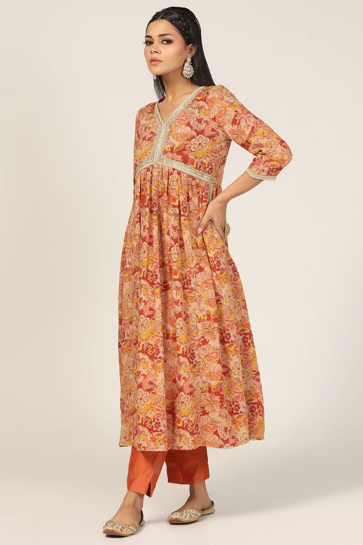 Rust Chiffon Embroidered Flared Kurti