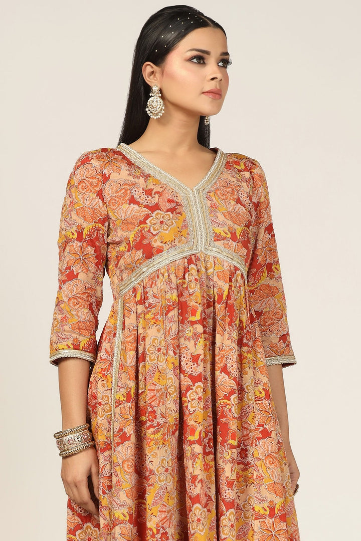 Rust Chiffon Embroidered Flared Kurti