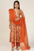 Rust Chiffon Embroidered Flared Kurti