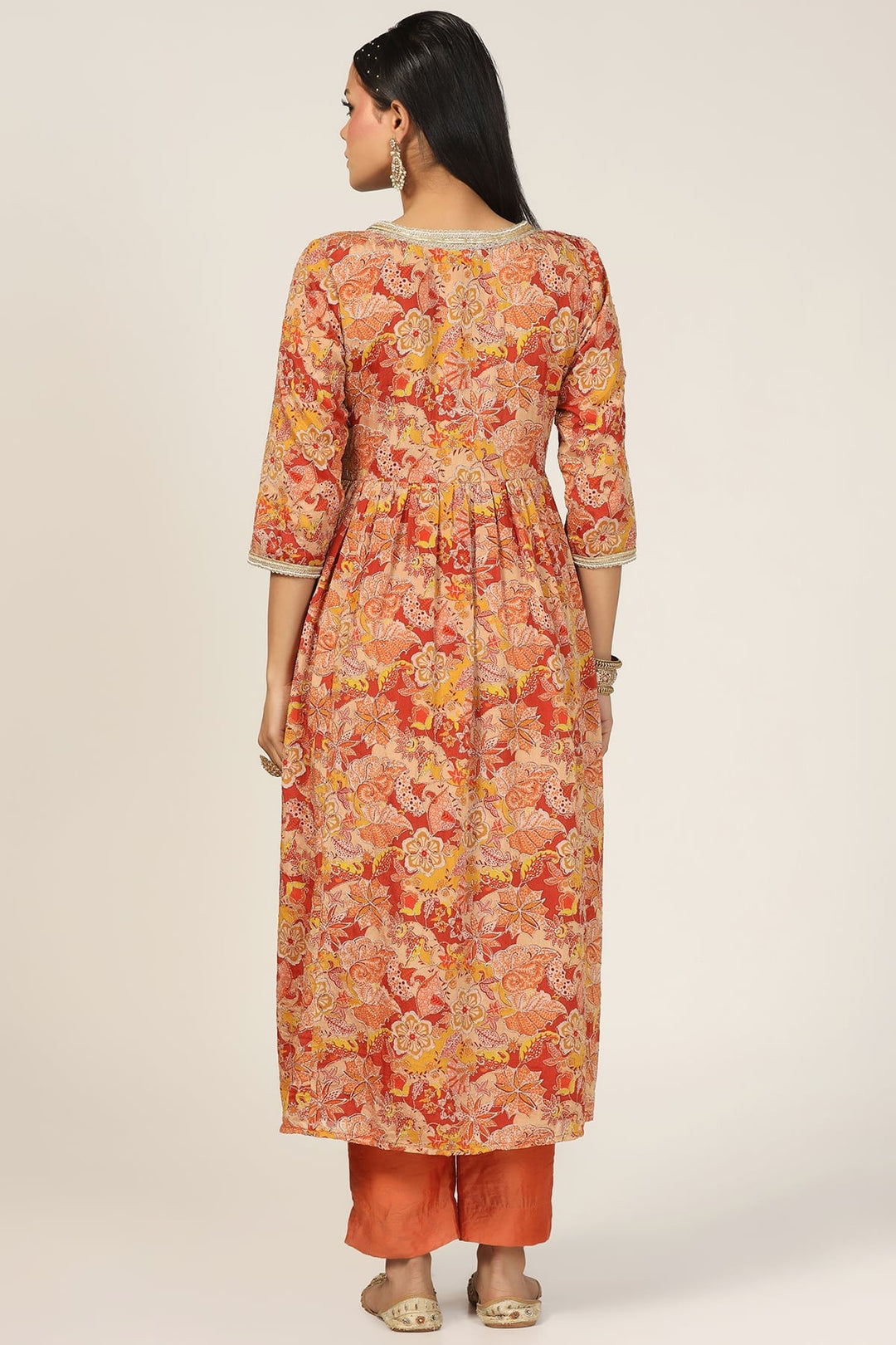Rust Chiffon Embroidered Flared Kurti