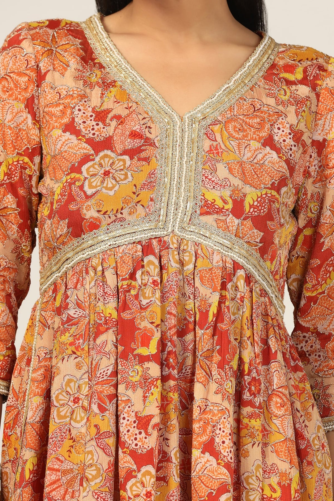 Rust Chiffon Embroidered Flared Kurti