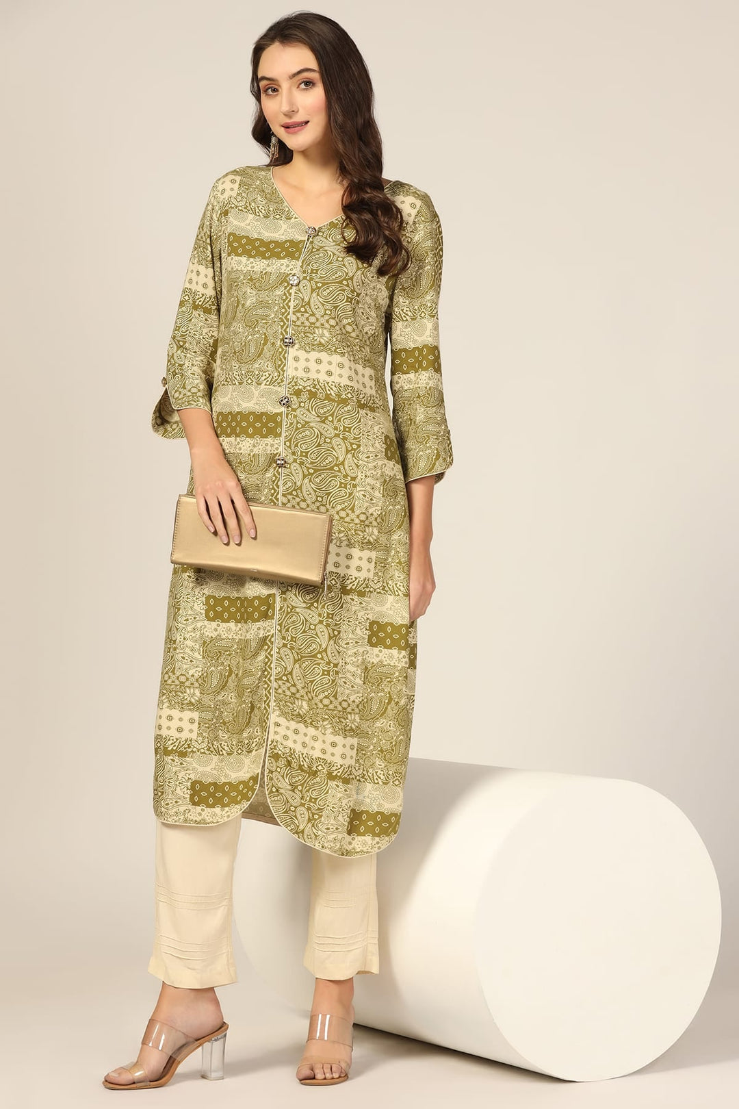 Olive Green Printed Front slit Kurti