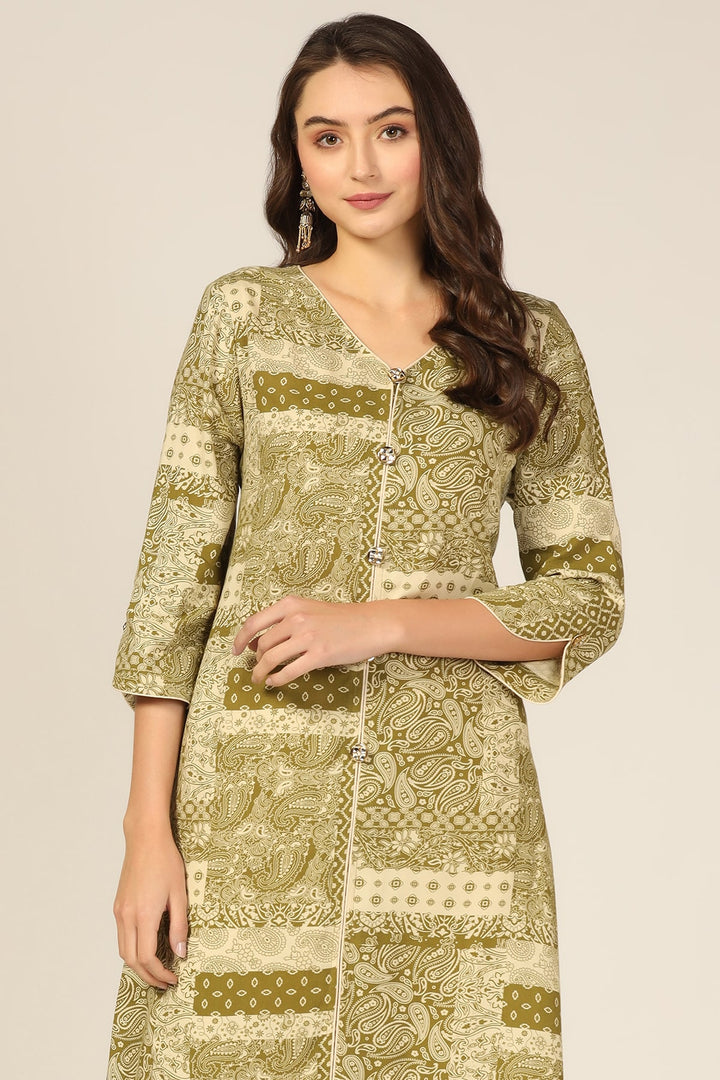 Olive Green Printed Front slit Kurti