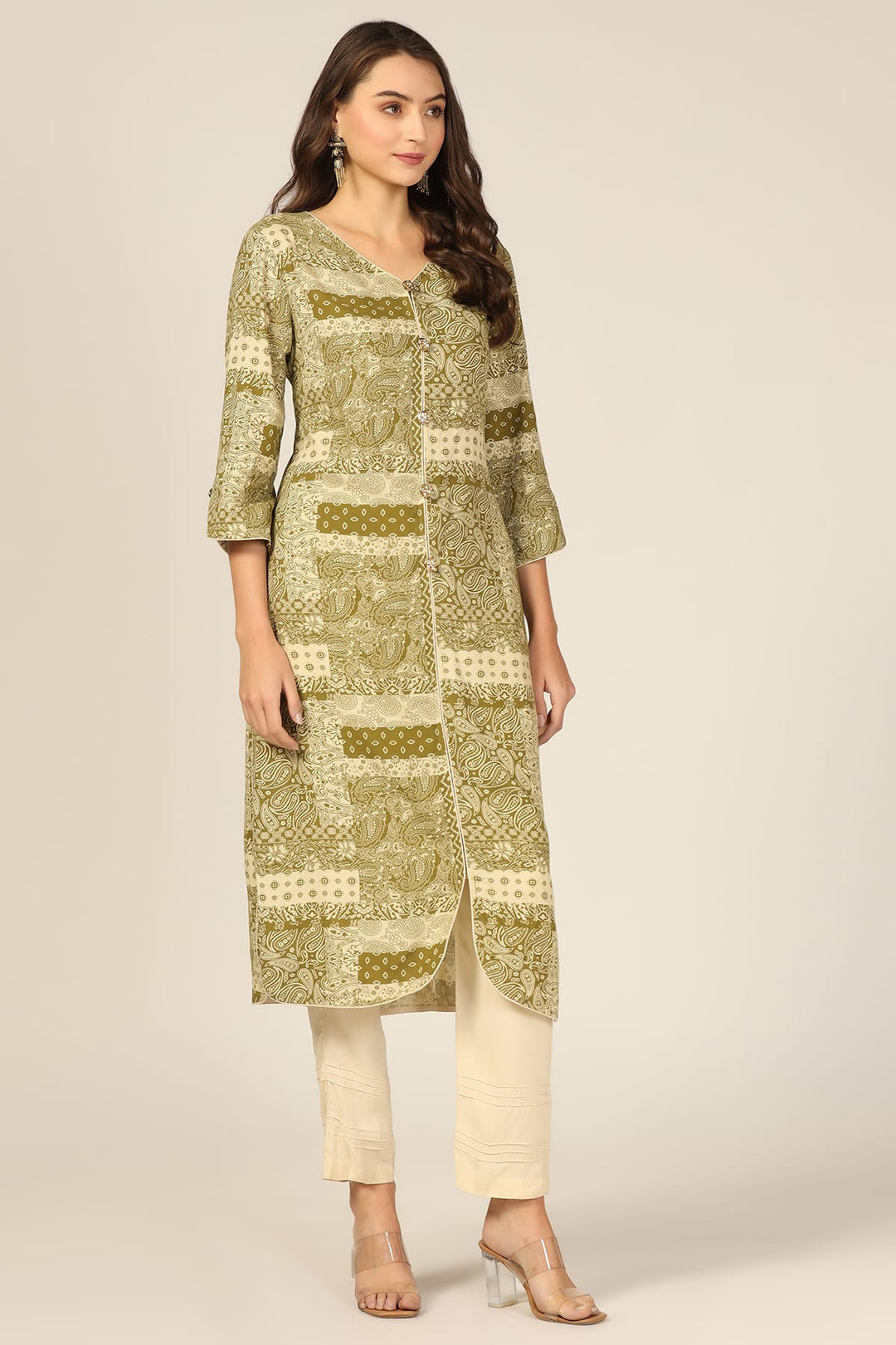 Olive Green Printed Front slit Kurti