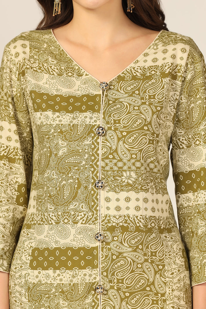 Olive Green Printed Front slit Kurti