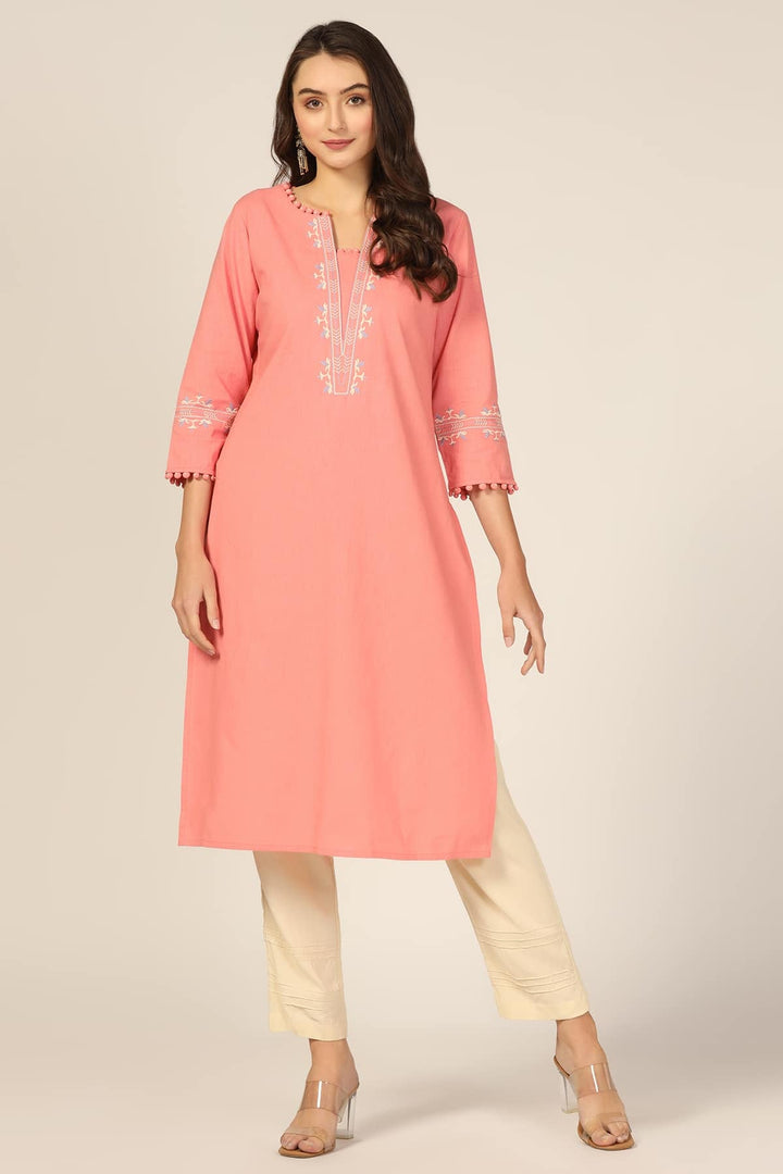Peach Embroidered Cotton Slub Kurti