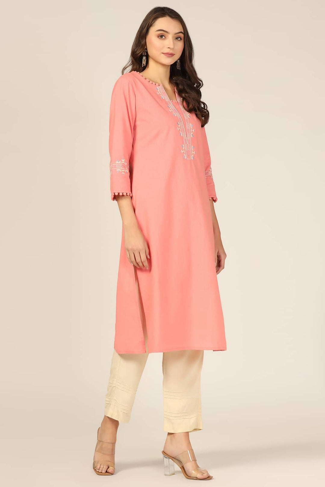 Peach Embroidered Cotton Slub Kurti