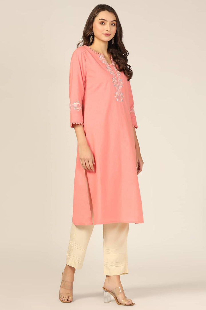 Peach Embroidered Cotton Slub Kurti