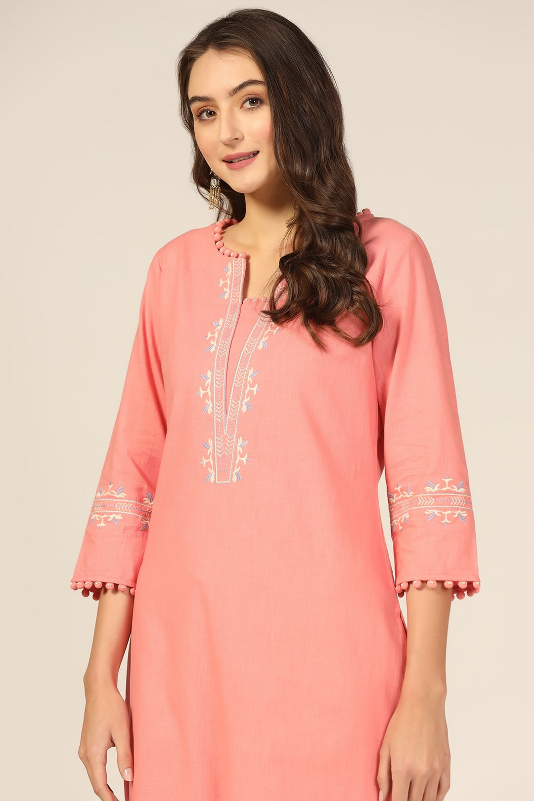Peach Embroidered Cotton Slub Kurti