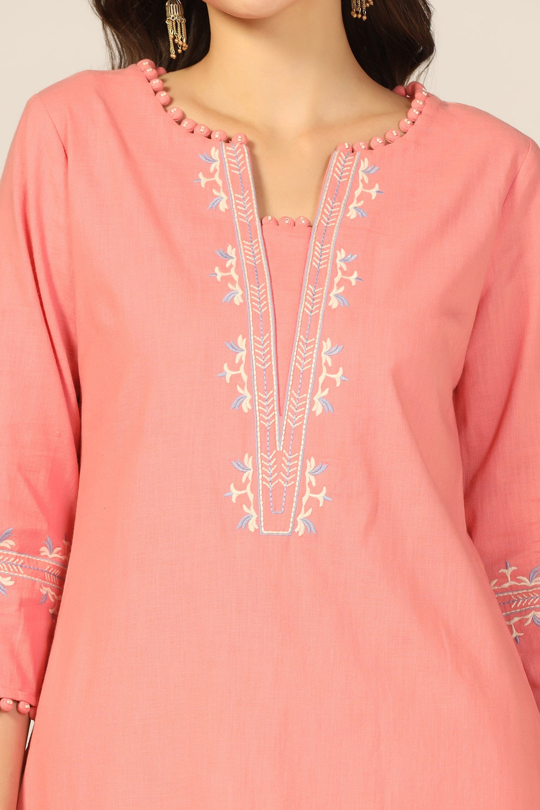 Peach Embroidered Cotton Slub Kurti