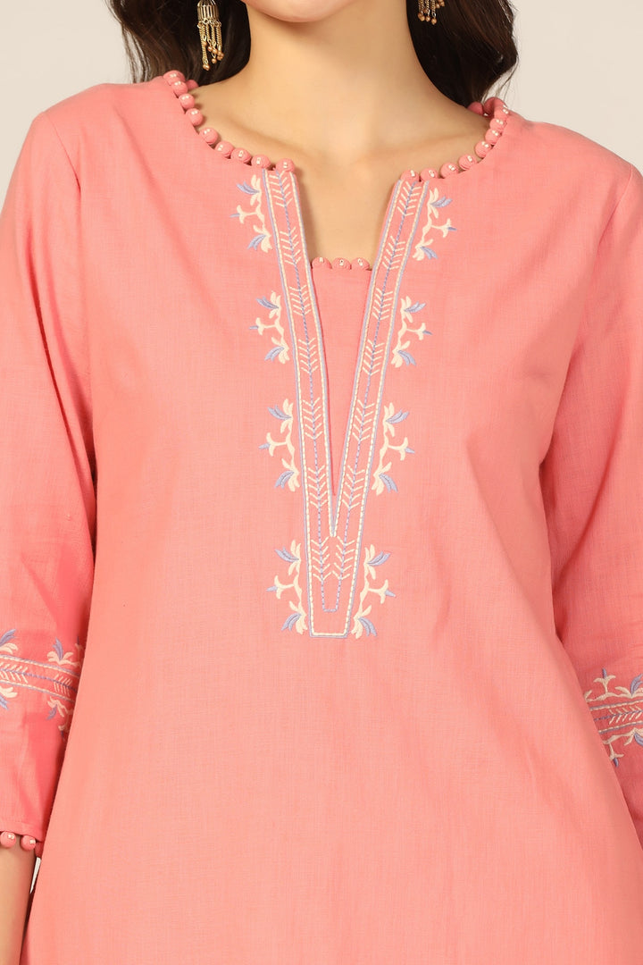 Peach Embroidered Cotton Slub Kurti