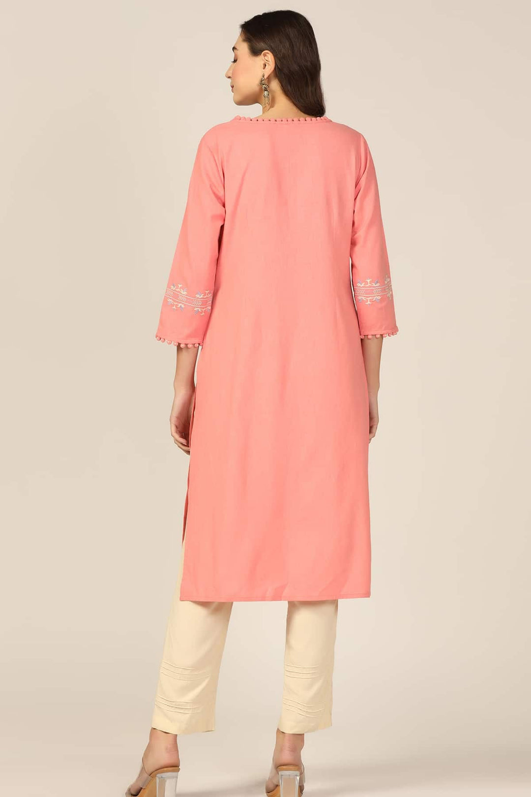 Peach Embroidered Cotton Slub Kurti