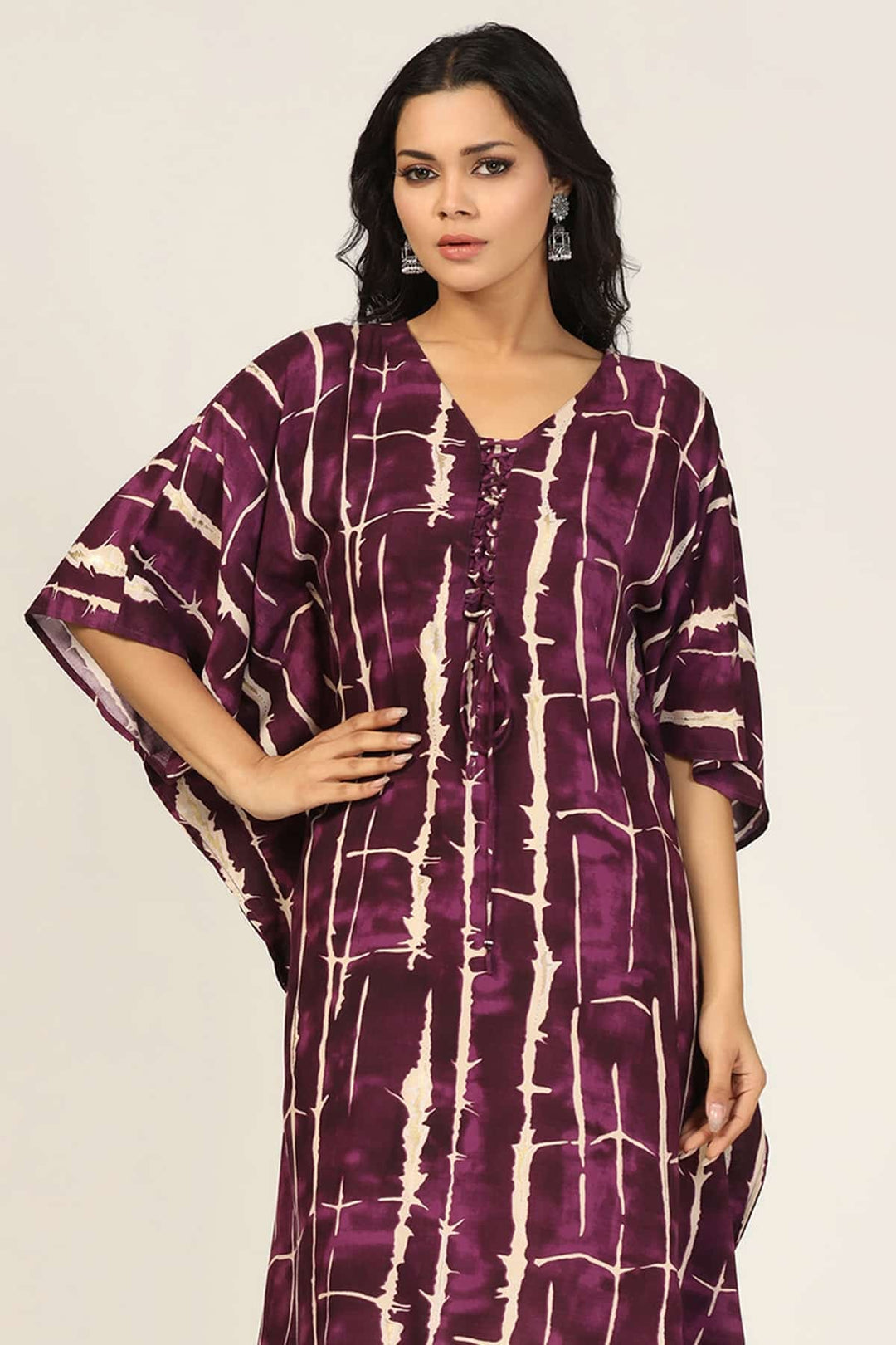 Wine Radiance V-Neck Kimono Sleeves Kurti