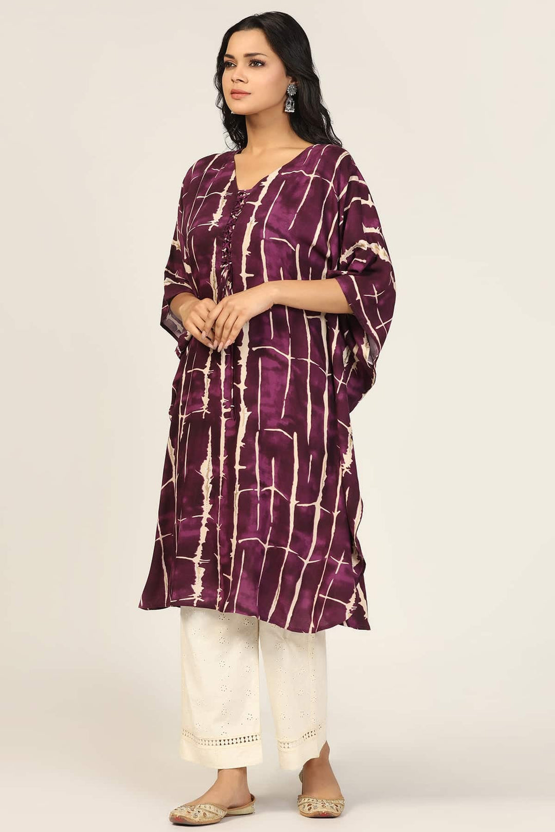 Wine Radiance V-Neck Kimono Sleeves Kurti