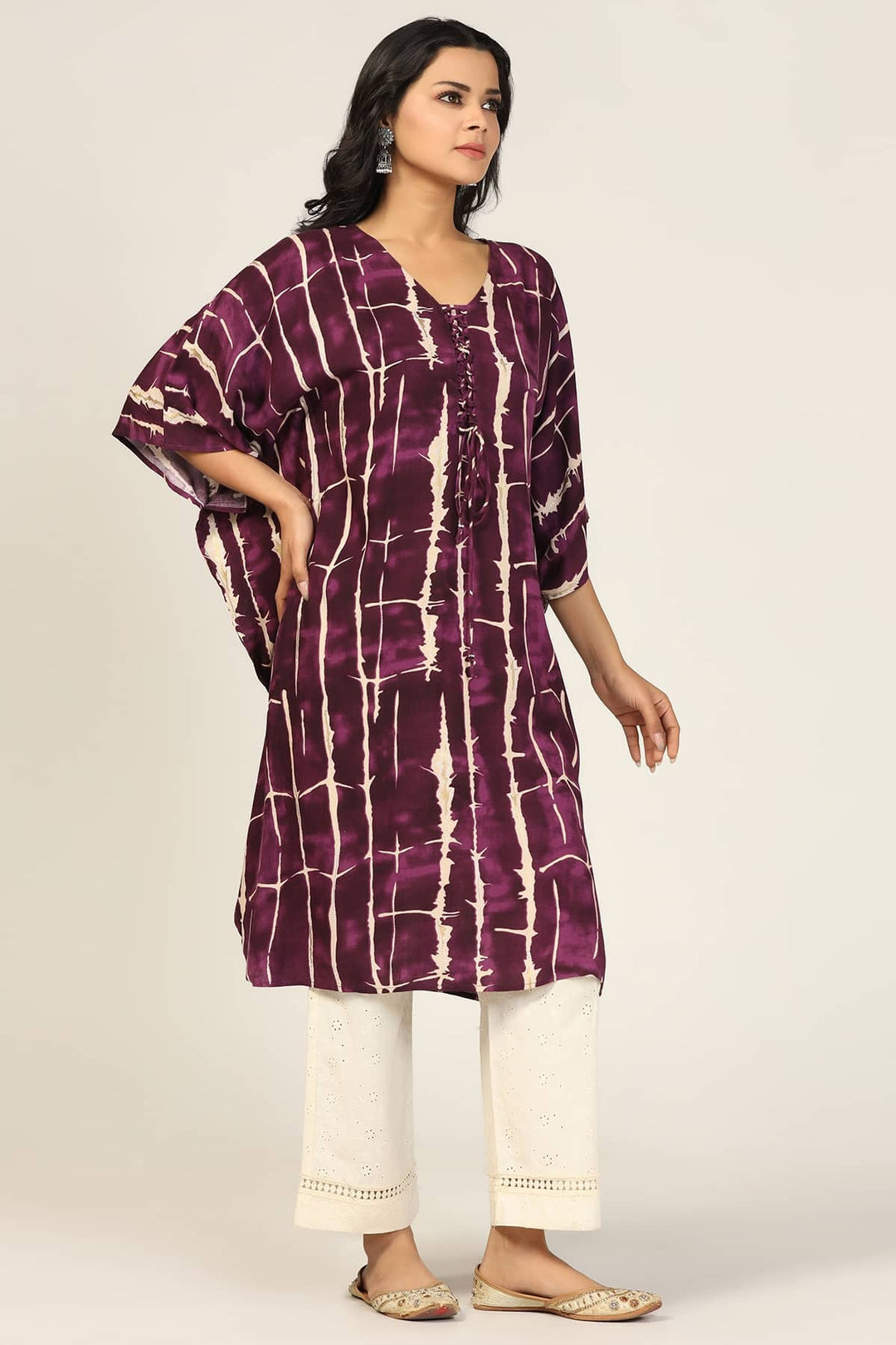 Wine Radiance V-Neck Kimono Sleeves Kurti