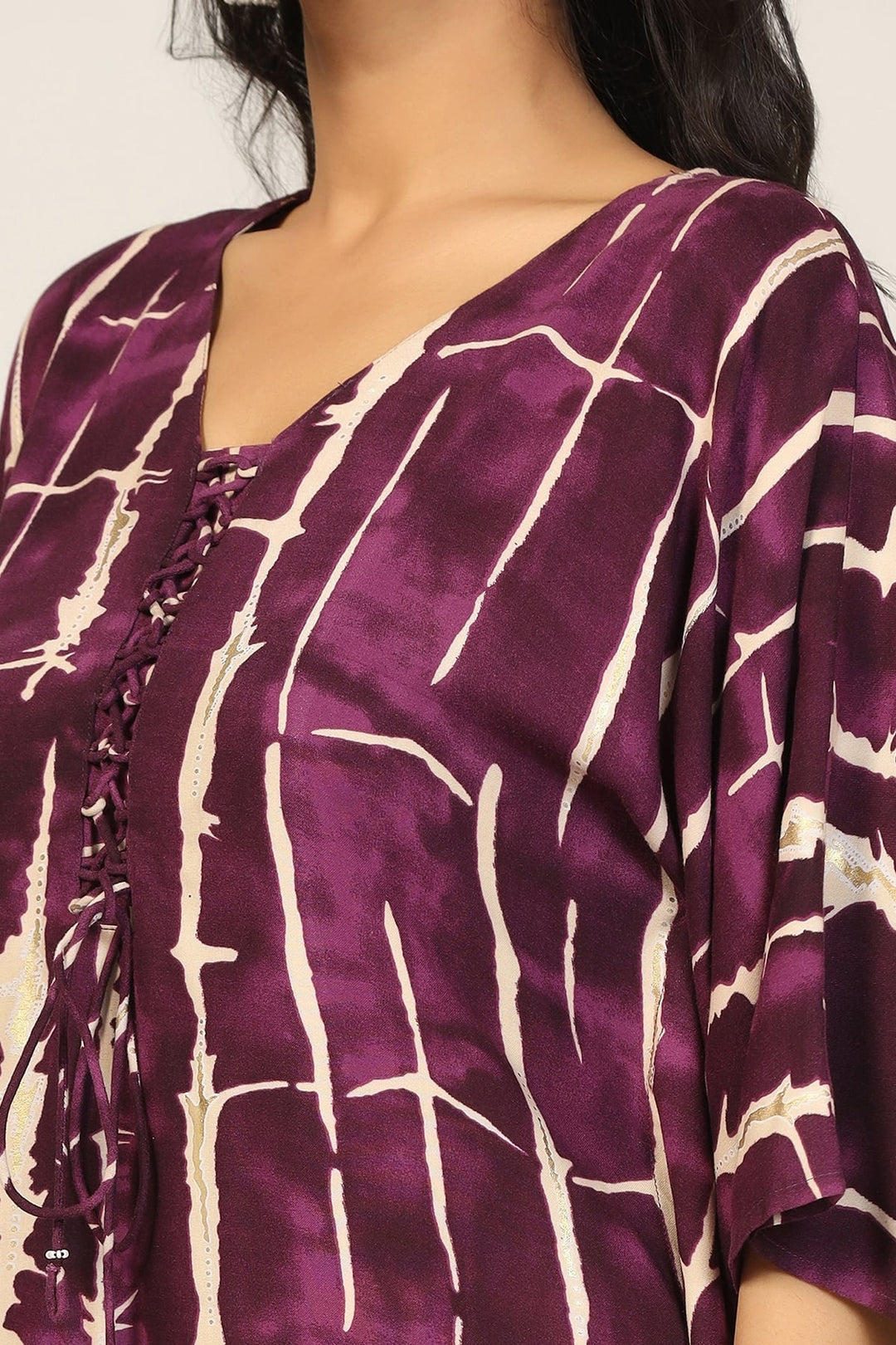 Wine Radiance V-Neck Kimono Sleeves Kurti