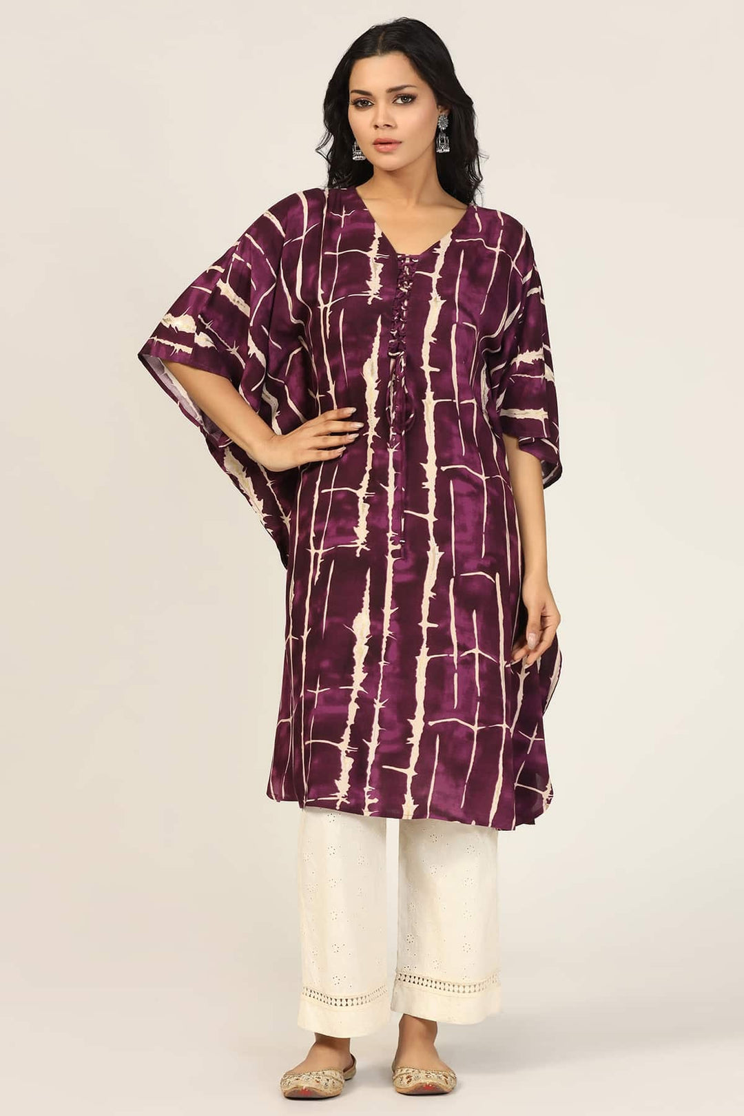 Wine Radiance V-Neck Kimono Sleeves Kurti