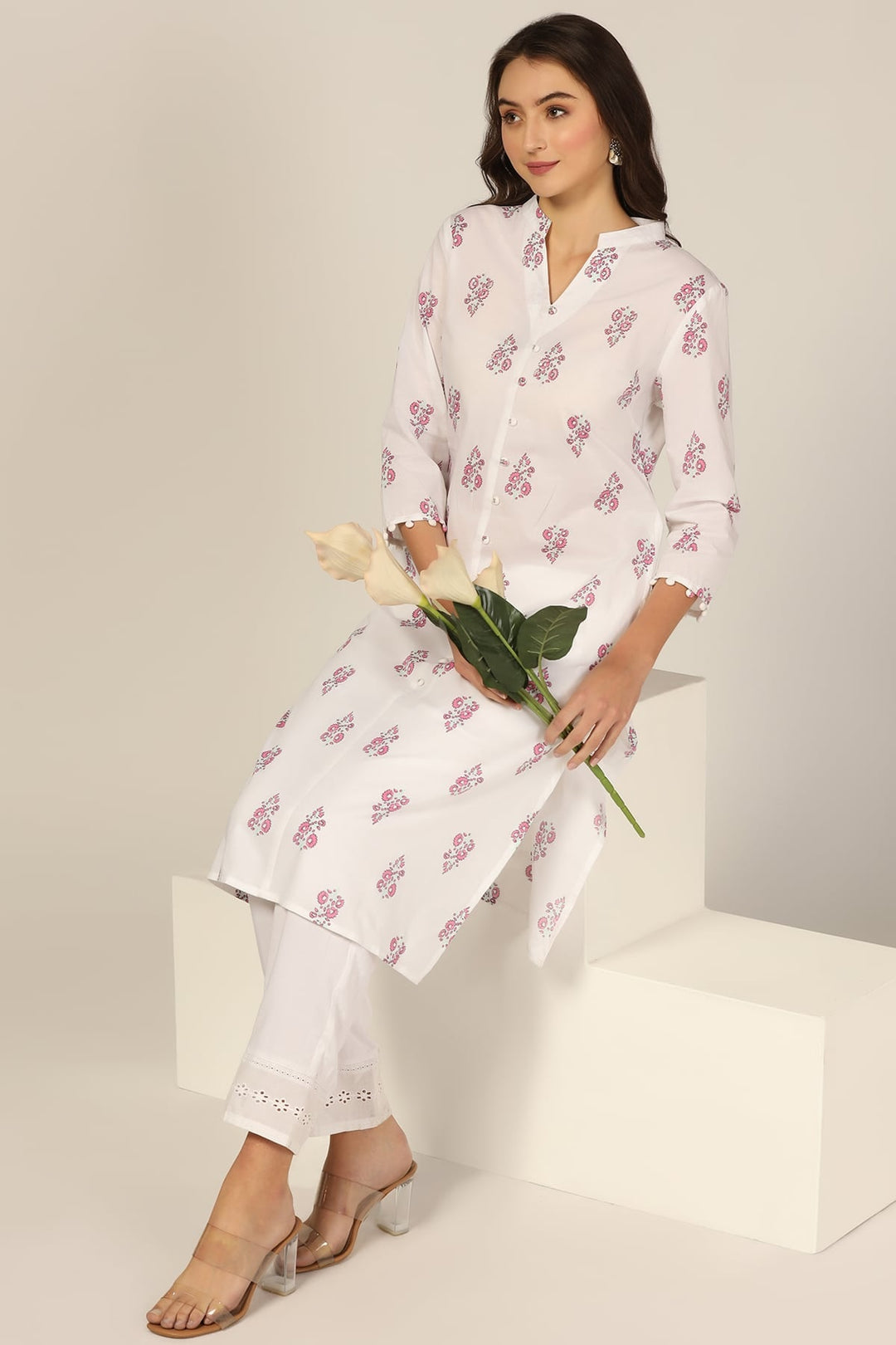 White Cotton Printed Kurti with Mandarin Collar