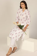 White Cotton Printed Kurti with Mandarin Collar