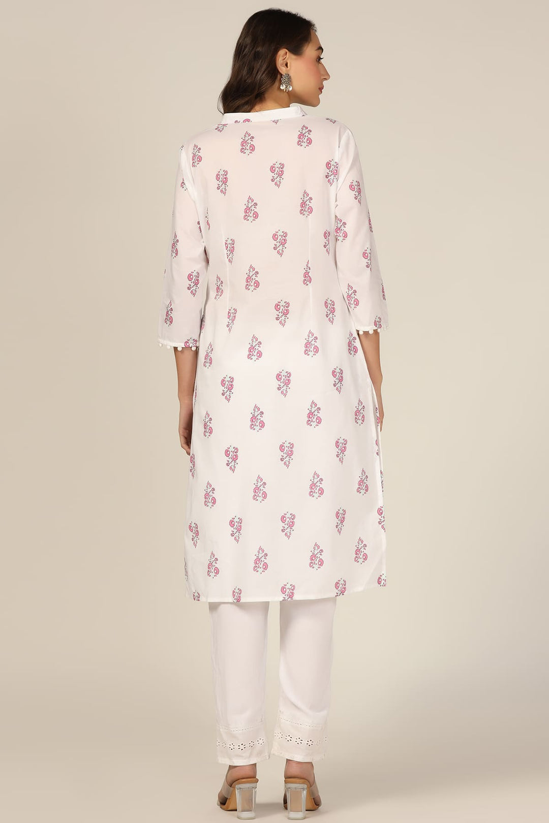 White Cotton Printed Kurti with Mandarin Collar
